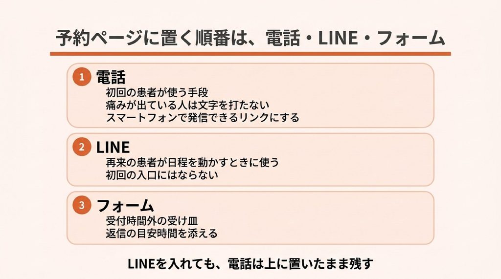 予約ページに置く連絡手段の並び順を示した図。上から電話、LINE、フォームの順で、電話は初回の患者、LINEは再来の患者、フォームは受付時間外の受け皿という役割を示している。