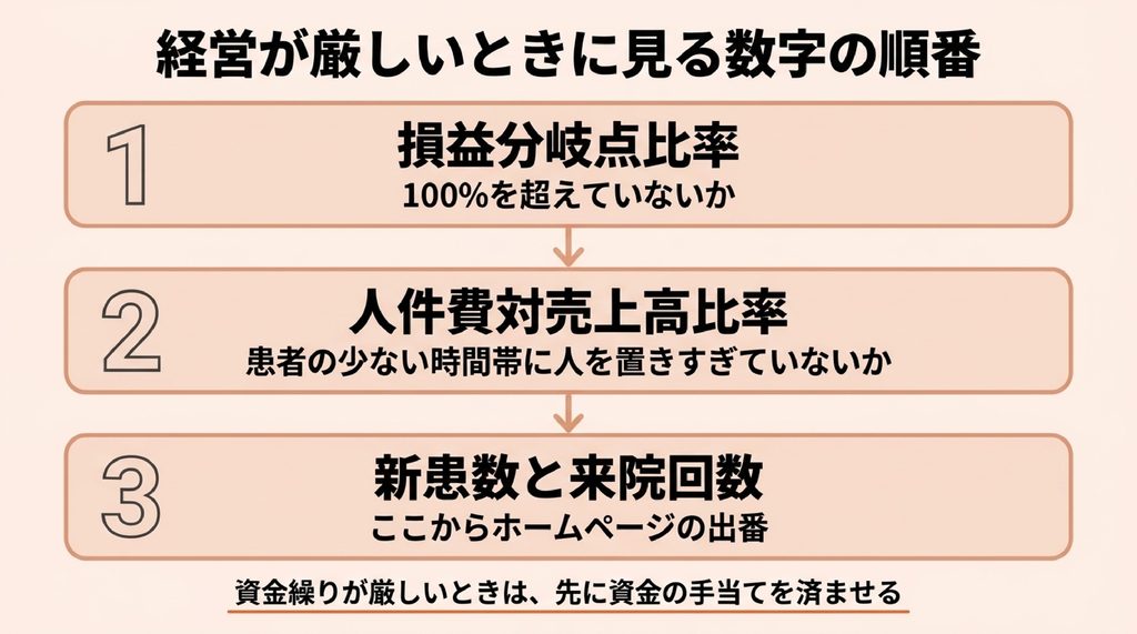 経営が厳しいときに見る数字の順番。損益分岐点比率、人件費対売上高比率、新患数と来院回数の順に確認する流れ