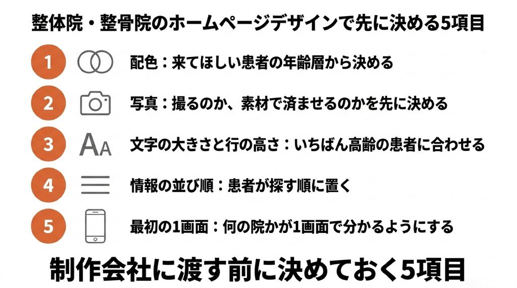 整体院・整骨院のホームページデザインで先に決める5項目を縦に並べた図。配色は来てほしい患者の年齢層から決める、写真は撮るか素材で済ませるかを先に決める、文字の大きさと行の高さはいちばん高齢の患者に合わせる、情報の並び順は患者が探す順に置く、最初の1画面で何の院かが分かるようにする