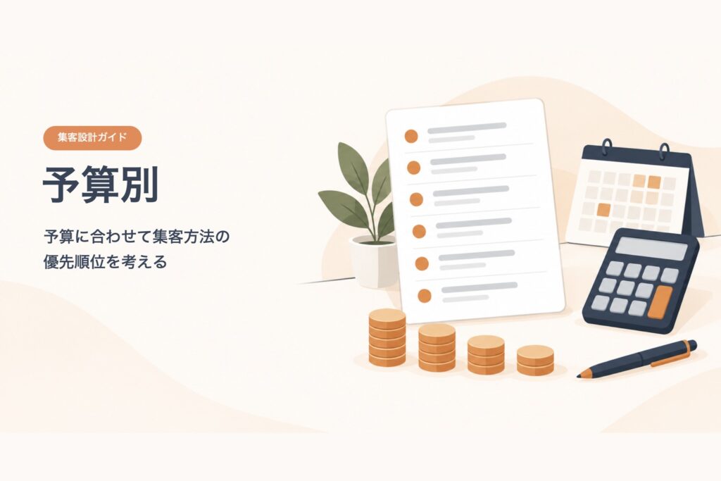 集客設計ガイド 予算別。予算に合わせて集客方法の優先順位を考える。6項目のチェックリスト、カレンダー、電卓、高さの違う4つのコインの山のイラスト