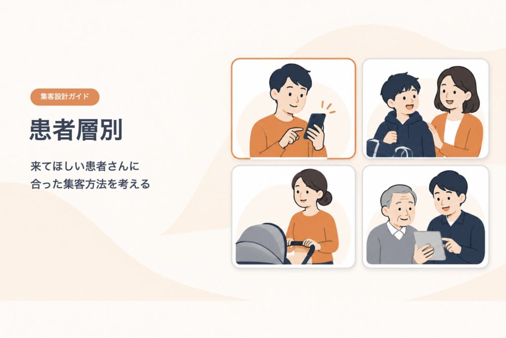 集客設計ガイド 患者層別。来てほしい患者さんに合った集客方法を考える。スマートフォンを見る男性、学生と保護者、ベビーカーを押す女性、タブレットを見る高齢の男性と家族のイラスト