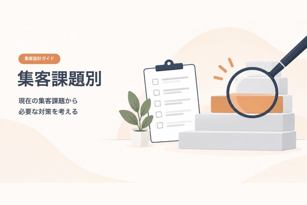 集客設計ガイド 集客課題別。現在の集客課題から必要な対策を考える。チェックリストと、積み重ねた段の1段を虫めがねで確かめるイラスト