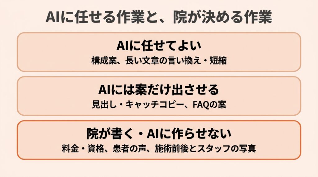 整体院・整骨院のLPをAIで作成するとき、AIに任せてよい作業、案だけ出させる作業、院が書く作業を3段に分けた図