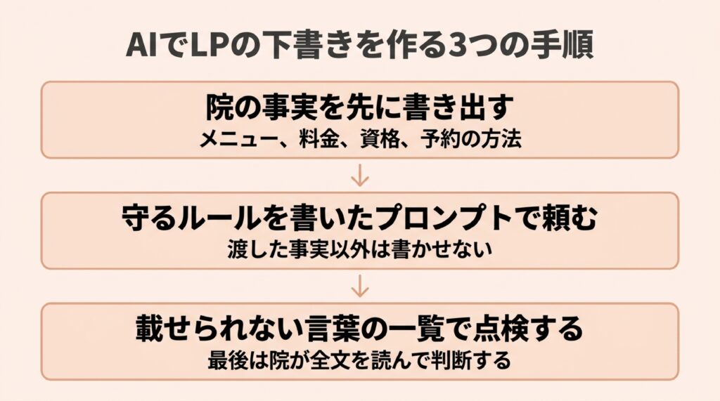 整体院・整骨院のLPの下書きをAIで作る手順を、院の事実の書き出し、ルールを書いたプロンプト、載せられない言葉での点検の3段で示した図