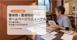 整体院の女性院長が、ホームページリニューアルで引き継ぐ写真や旧サイト資料を整理している様子