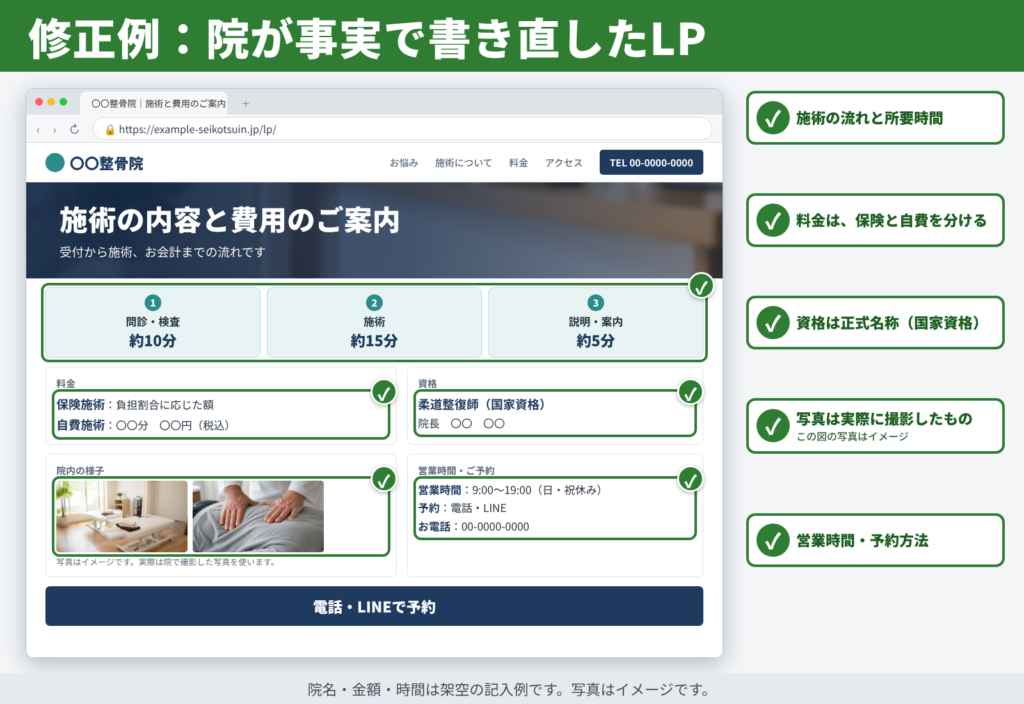 整体院・整骨院のLPの修正例。施術の流れと所要時間、保険と自費を分けた料金、資格の正式名称、院内の写真、営業時間と予約方法を、院が確かめた事実で書く。
