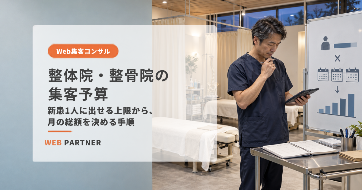 整体院の男性院長が、新患1人あたりの獲得上限額と月間の新患目標から集客予算を計算している様子