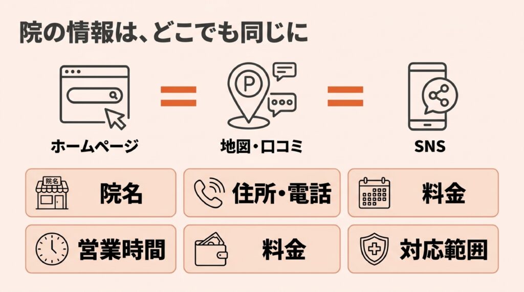 ホームページ、地図・口コミ、SNSの3つの掲載先と、院名・住所・電話・営業時間・料金・対応範囲の5項目を示した図
