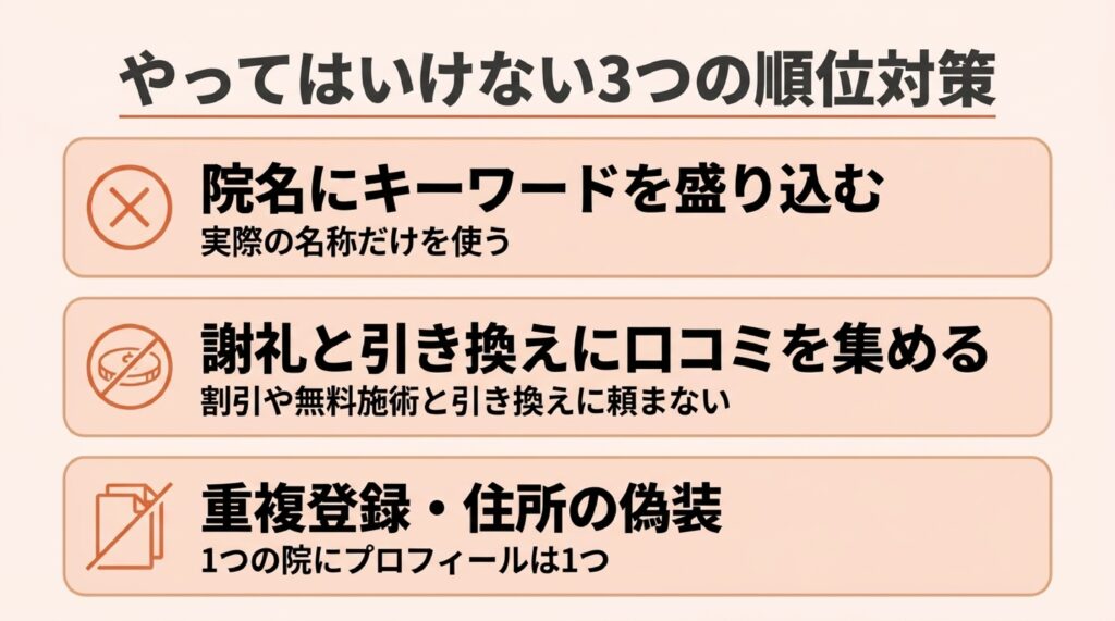 整体院・整骨院がMEOでやってはいけない、院名へのキーワード追加・謝礼付きの口コミ・重複登録と住所の偽装の3つの対策